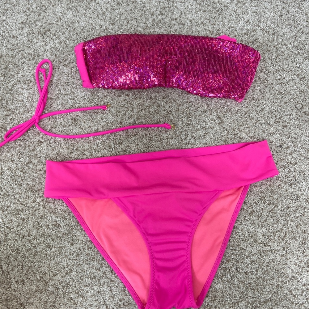 Victoria’s Secret Hot Pink Sequin Swimsuit Top size Small Bottom Size Medium